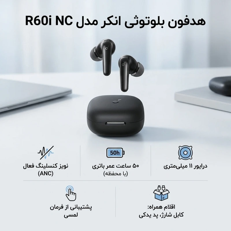 هدفون بلوتوثی انکر مدل R60i NC با نویز کنسلینگ فعال Adaptive ANC، درایور 11 میلی‌متری، پشتیبانی از LDAC و Hi-Res Audio، Spatial Audio، مقاوم در برابر آب و عمر باتری 50 ساعت