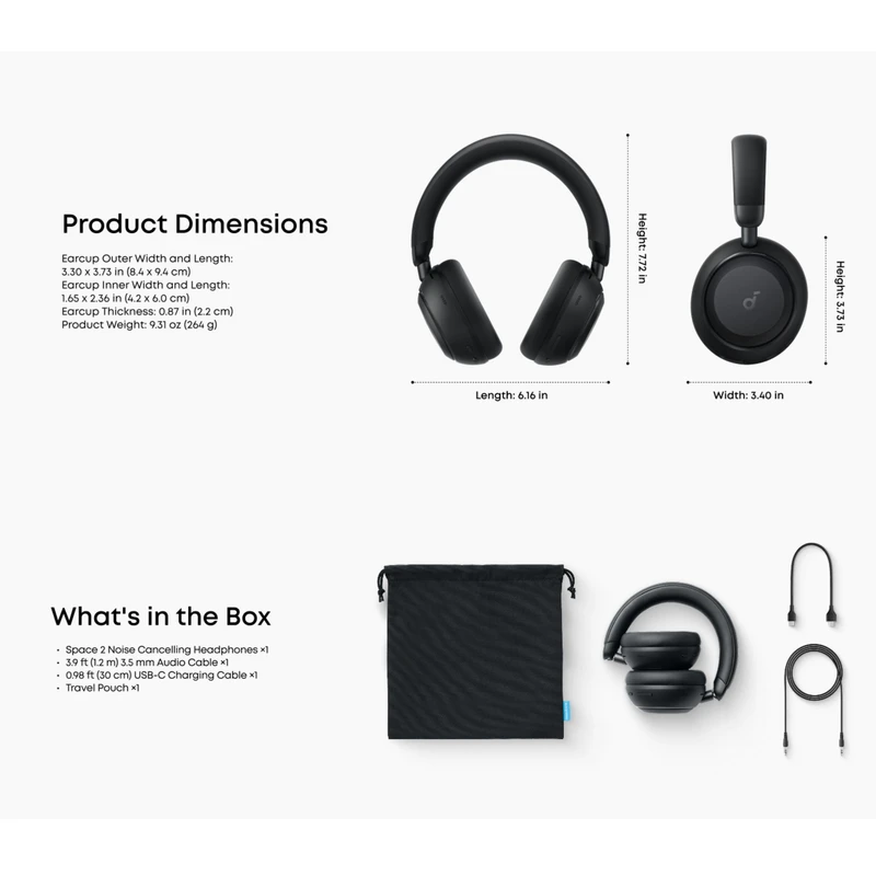 هدفون بلوتوثی انکر مدل Soundcore Space 2 با نویز کنسلینگ فعال ANC، صدای Hi-Res و شارژدهی تا 70 ساعت