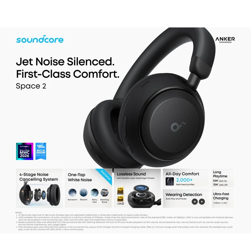 هدفون بلوتوثی انکر مدل Soundcore Space 2 با نویز کنسلینگ فعال ANC، صدای Hi-Res و شارژدهی تا 70 ساعت