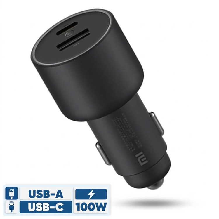 شارژر فندکی 2 پورت 100 وات شیائومی مدل CC07ZM 1A1C، اتصال فندکی، درگاههای خروجی USB-C و USB-A، دارای قابلیت شارژ سریع، تکنولوژی شارژ QC 3، توان خروجی کلی 100 وات