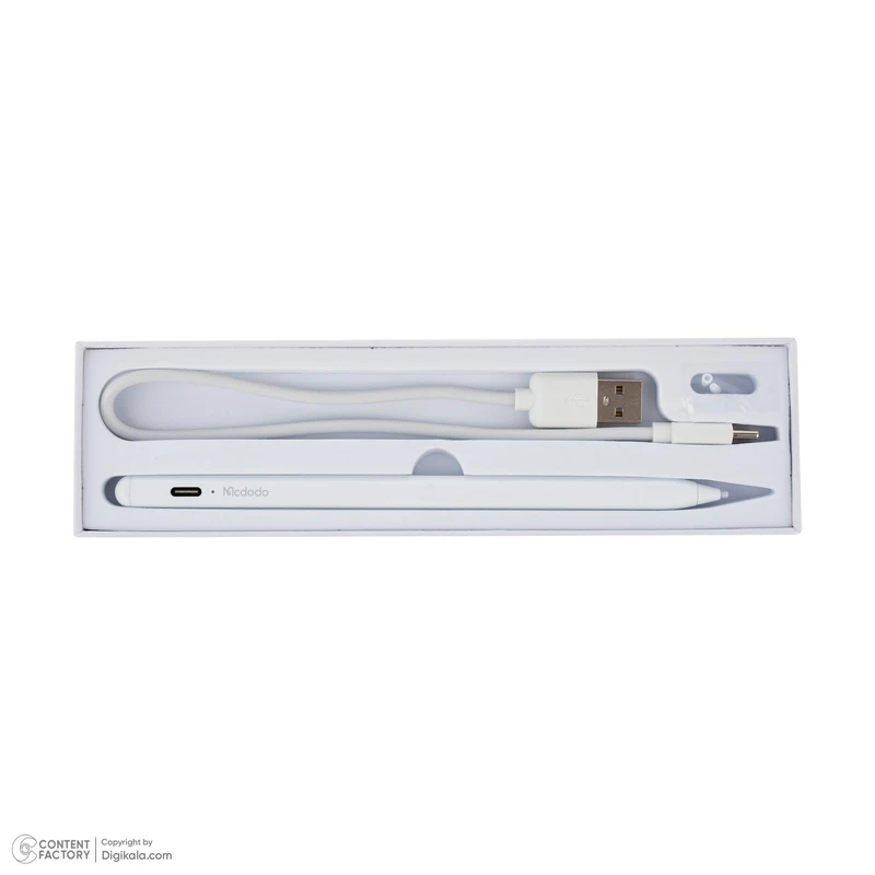 قلم لمسی مک دودو مدل PN-066 مناسب برای تبلت‌های اپل مدل iPad 2018 و جدیدتر، گوشی‌های iPhone و تبلت‌های اندرویدی، دارای Palm Rejection، یک کلید عملکردی، باتری داخلی 130 میلی‌آمپر ساعتی و اتصال مغناطیسی