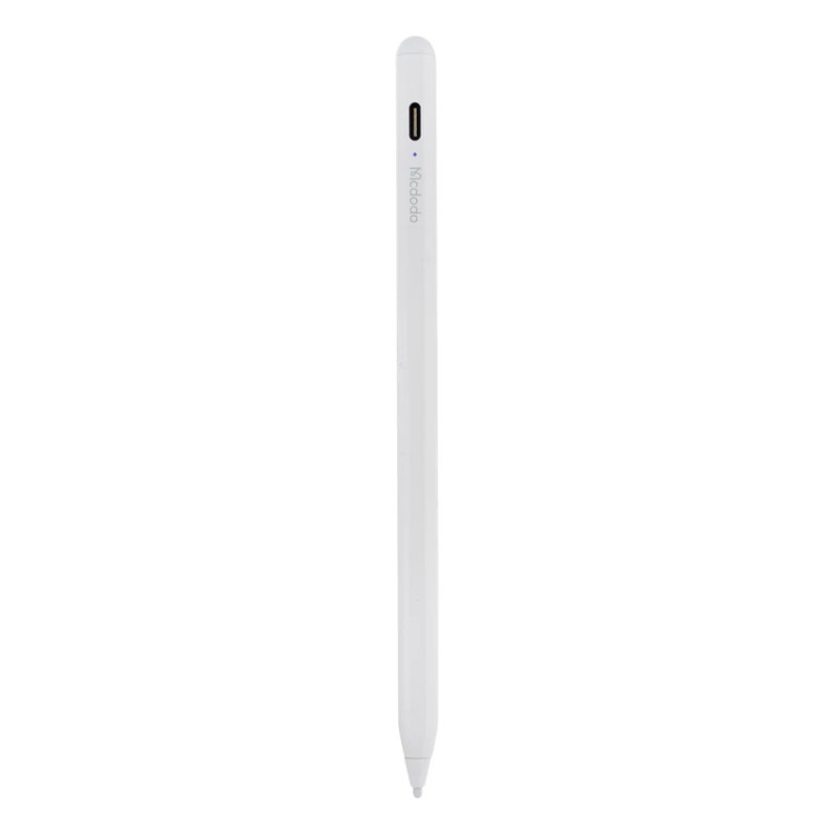 قلم لمسی مک دودو مدل PN-066 مناسب برای تبلتهای اپل مدل iPad 2018 و جدیدتر، گوشیهای iPhone و تبلتهای اندرویدی، دارای Palm Rejection، یک کلید عملکردی، باتری داخلی 130 میلیآمپر ساعتی و اتصال مغناطیسی