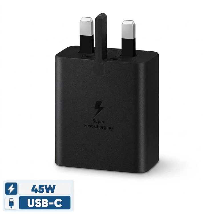 شارژر دیواری 45 وات سامسونگ مدل EP-T4510، اتصال سه پین، درگاه خروجی USB-C، به همراه کابل USB-C، دارای قابلیت شارژ سریع، تکنولوژی شارژ PD 1.0